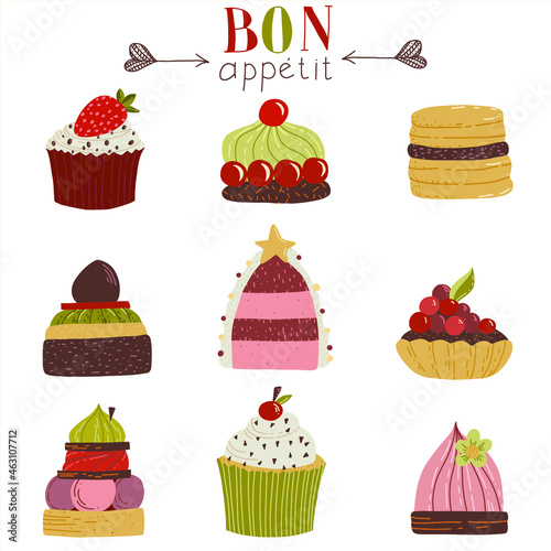 Bon Appetit. Set of Cute cakes and pies. Hand drawn vector illustration.