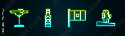 Set line Margarita cocktail, Tabasco sauce, Mexico flag and Cactus. Glowing neon icon. Vector