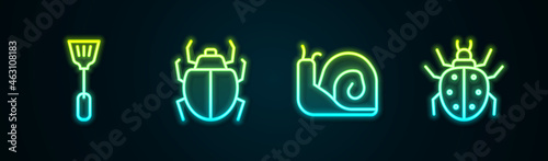 Set line Fly swatter, Mite, Snail and . Glowing neon icon. Vector