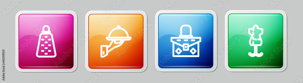 Fototapeta premium Set line Grater, Covered with tray of food, Handbag and Mannequin. Colorful square button. Vector
