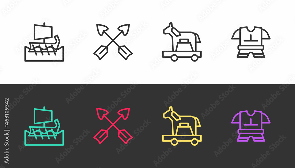 Set line Greek trireme, Crossed arrows, Trojan horse and Body armor on black and white. Vector Set line Greek trireme, Crossed arrows, Trojan horse and Body armor on black and white. Vector