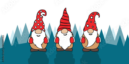 three cute christmas gnomes with funny caps