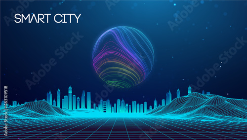 Wireframe landscape with Smart city. Technology background blue in low poly style. Data security 3d vector background. Global social network connection.