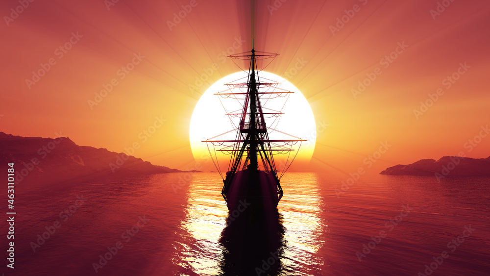old ship sunset at sea 3d rendering old ship sunset at sea 3d rendering