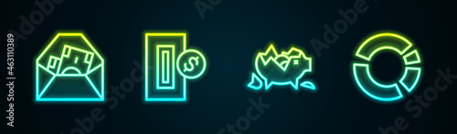 Set line Envelope with dollar symbol, Inserting coin, Broken piggy bank and Pie chart infographic. Glowing neon icon. Vector