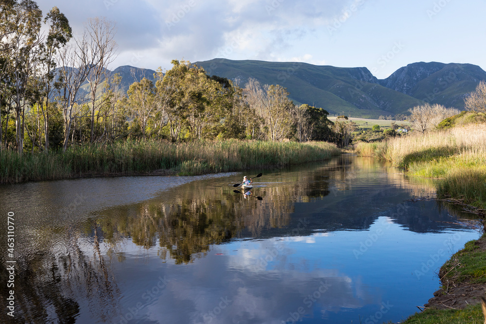 male kayaker paddling on the Klein River, Stanford, South Africa male kayaker paddling on the Klein River, Stanford, South Africa