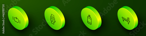 Set Isometric line Apple, Smart watch, Punching bag and Bench with barbel icon. Vector