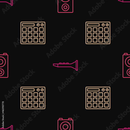Set line Stereo speaker, Drum machine and Clarinet on seamless pattern. Vector