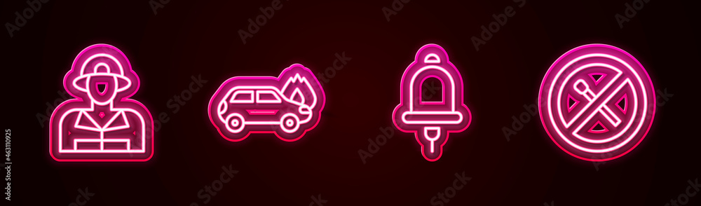 Set line Firefighter, Burning car, Ringing alarm bell and No fire match. Glowing neon icon. Vector Set line Firefighter, Burning car, Ringing alarm bell and No fire match. Glowing neon icon. Vector