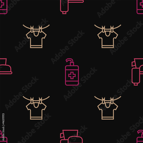 Set line Toilet bowl, Drying clothes and Hand sanitizer bottle on seamless pattern. Vector
