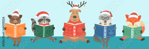 Christmas. Animals in Christmas hat read books. Children's xmas vector illustration. Kids' library concept. Storytime.