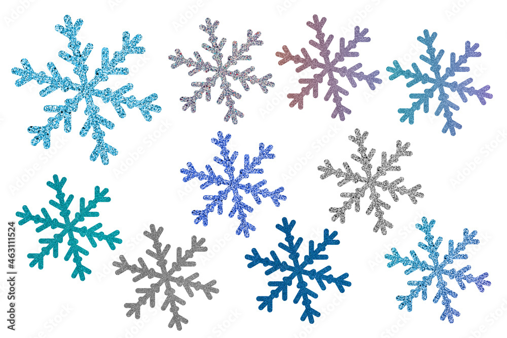 Glitter snowflakes set on white background