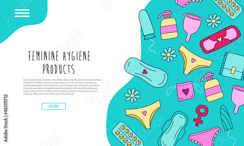 Hand drawn landing page with feminine hygiene products with colorful elements, concept of women protection during period, critical days banner.