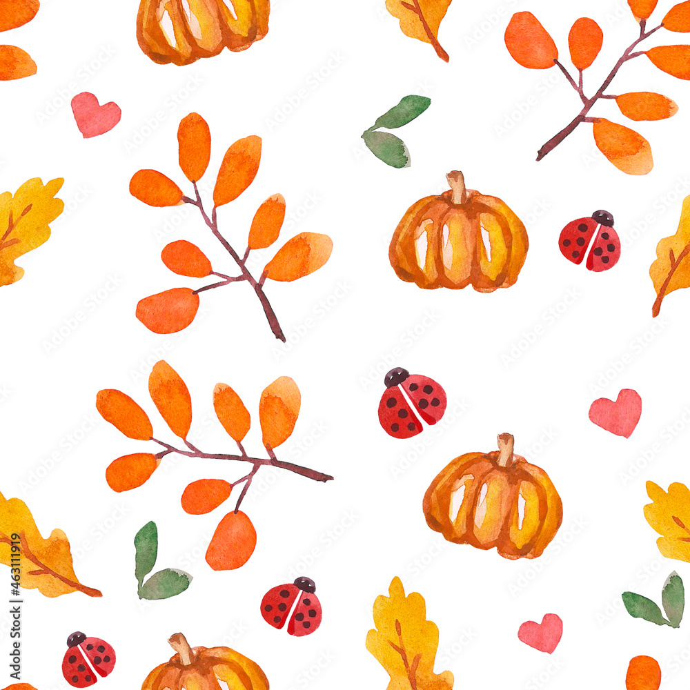 Seamless pattern with autumn leaves. pumpkins, ladybug and hearts on a white background. Autumn patern with dry leaves hand-drawn in watercolor.