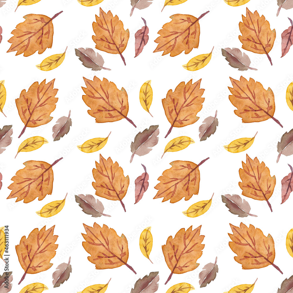 Obraz premium Seamless pattern with autumn leaves on a white background. Autumn patern with dry leaves hand-drawn in watercolor.