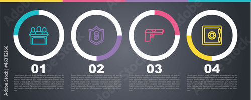 Set line Jurors, Justice law in shield, Pistol gun and Safe. Business infographic template. Vector