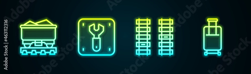Set line Coal train wagon, Repair of railway, Railway, railroad track and Suitcase. Glowing neon icon. Vector