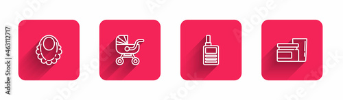 Set line Baby bib, stroller, Monitor Walkie Talkie and food with long shadow. Red square button. Vector