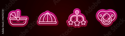Set line Baby stroller, hat, crib hanging toys and dummy pacifier. Glowing neon icon. Vector