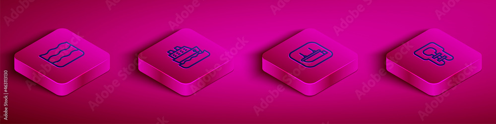 Set Isometric line Wave, Cruise ship, Lifeboat and jacket icon. Vector Set Isometric line Wave, Cruise ship, Lifeboat and jacket icon. Vector