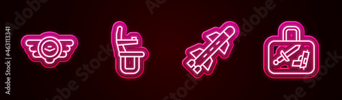 Set line Aviation emblem  Airplane seat  Rocket and Suitcase. Glowing neon icon. Vector