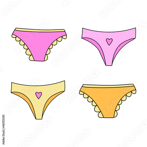 Vector panties. Set of four types of women underwear - pink and yellow. Vector illustration.