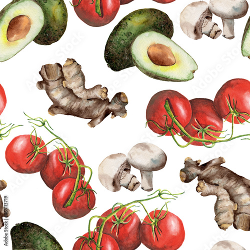 Watercolor seamless pattern with avocado, champignons, ginger and tomatoes; kitchen or dinner cafe decoration pattern; vegetarian pattern 