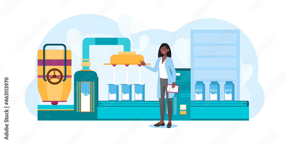 Factory for production of dairy concept. Woman controls quality of