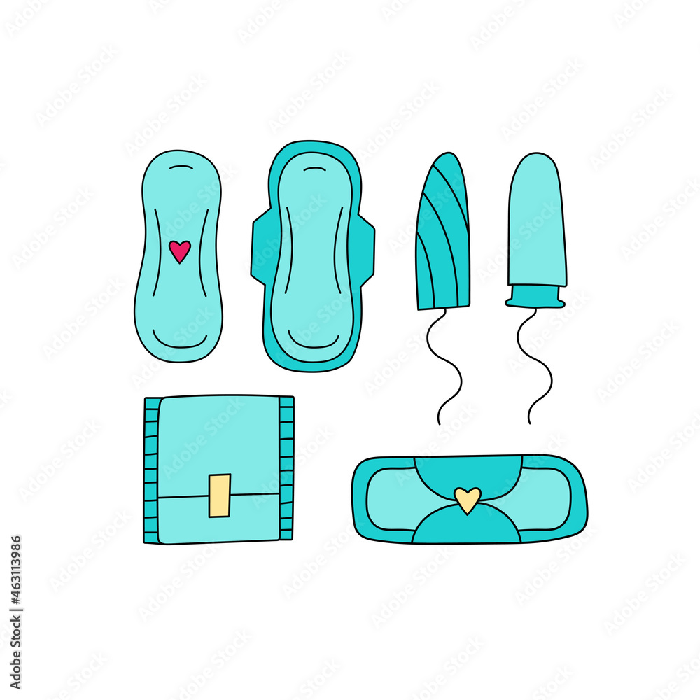 Feminine hygiene - sanitary napkin and tampon. Set of hand drawn feminine hygiene products on white. Cartoon style Feminine hygiene - sanitary napkin and tampon. Set of hand drawn feminine hygiene products on white. Cartoon style