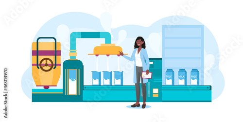 Factory for production of dairy concept. Woman controls quality of pasteurized milk in packages on conveyor. Automated production. Cartoon flat vector illustration isolated on white background