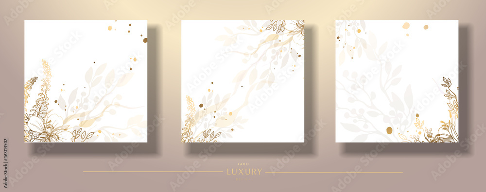 Golden botanical wall set. Square templates with thin shiny line line art of foliage. Abstract plant design for social networks, print, natural wall art. Vector illustration.