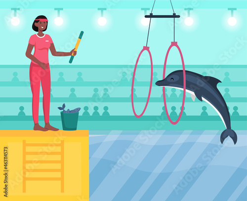 Performance in dolphinarium concept. Smart dolphin jumps through ring at command of person. Employee encourages animal for performed trick. Cartoon flat vector illustration with colorful background