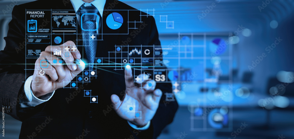 Businessman working with modern computer virtual dashboard analyzing finance sales data and economic growth graph chart and block chain technology.