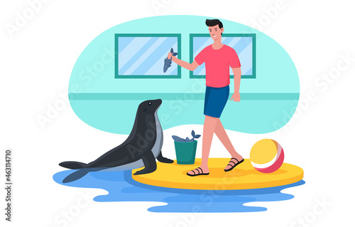Walrus performs at dolphinarium concept. Man feeds fish to animal for well conducted show. Trainer and wild animal in pool. Cartoon modern flat vector illustration isolated on white background