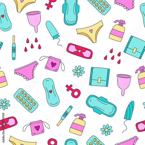 Seamless pattern illustration with feminine hygiene products. Tampons, pads. Menstrual protection.