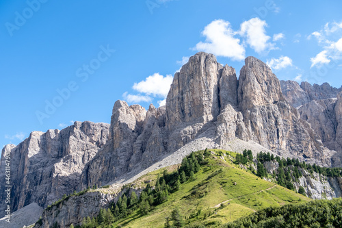 Alta Badia (Dolomiti) - August: Beautiful summer mountain view of Passo Sella and high peak Sassopiatto and Sassolungo, Langkofel, Dolomiti, Sella group.