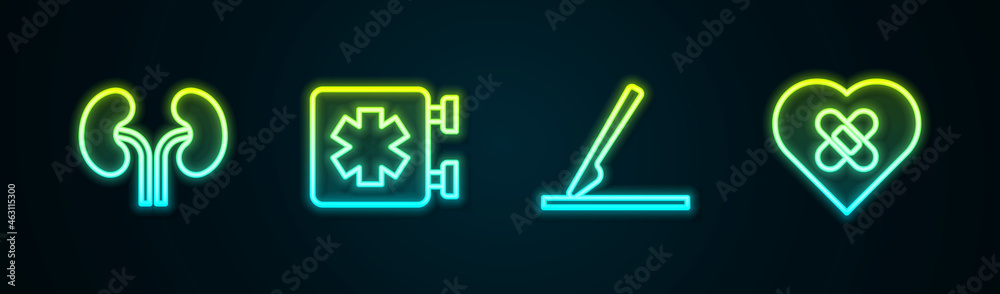Obraz premium Set line Human kidneys, Medical symbol of the Emergency, surgery scalpel and Healed broken heart. Glowing neon icon. Vector