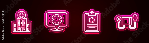 Set line Medical hospital building, symbol of the Emergency, Clinical record and Blood pressure. Glowing neon icon. Vector