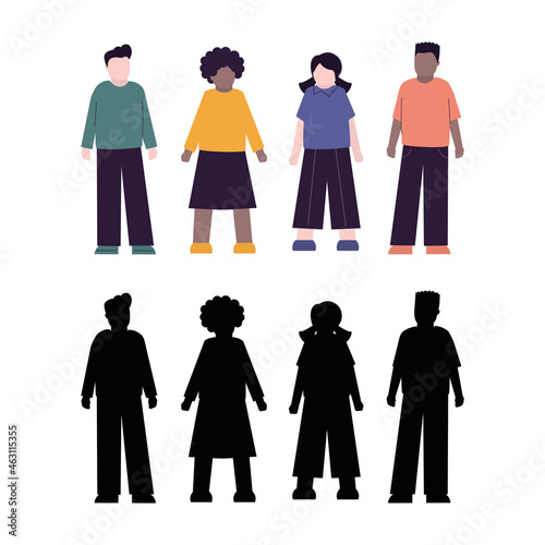 Happy multicolored kids standing. African American and Caucasian pupils on white background. Set of children with black silhouettes.