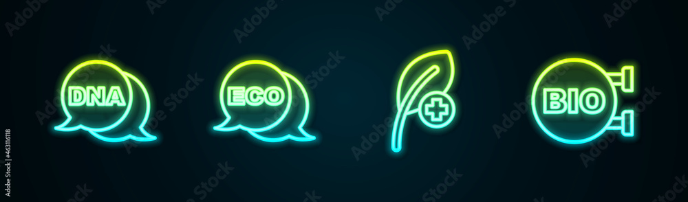 Set line DNA symbol, Label for eco healthy food, Leaf leaves and Bio. Glowing neon icon. Vector Set line DNA symbol, Label for eco healthy food, Leaf leaves and Bio. Glowing neon icon. Vector