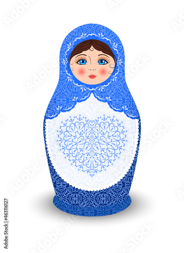 Beautiful Brunette Matryoshka with a Lace Heart on a Sundress. Cartoon Russian Doll in a Blue Dress with a Pattern. Color Fashion Style. White background. Illustration for Winter Design. Vector.