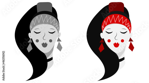 A beautiful gypsy girl with black hair, wearing earrings. Vector image of a woman in black and white and multicolored.