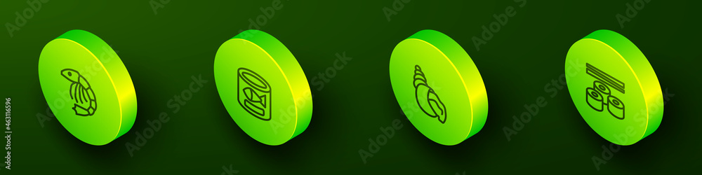 Set Isometric line Shrimp, Canned fish, Scallop sea shell and Sushi icon. Vector Set Isometric line Shrimp, Canned fish, Scallop sea shell and Sushi icon. Vector