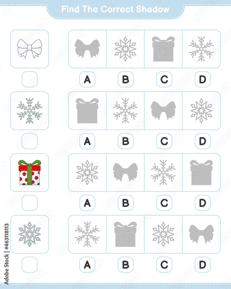 Find the correct shadow. Find and match the correct shadow of Ribbon, Snowflake, and Gift Box. Educational children game, printable worksheet, vector illustration Find the correct shadow. Find and match the correct shadow of Ribbon, Snowflake, and Gift Box. Educational children game, printable worksheet, vector illustration