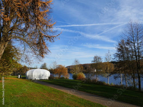 Autumn view of the promenade of the first basin of the Sorpe Lake, North Rhine-Westphalia, Germany photo