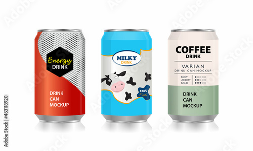 3D vector illustration of energy drink, milk and coffee aluminum can mockup