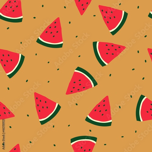 Seamless watermelon pattern. mustard background, juicy watermelon. Fashionable print for textiles.