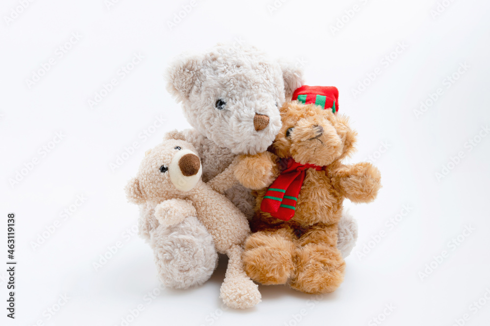 Doll cute brown soft fluffy for child. Love, families, valentine concept. Family teddy bears isolated on the white background with copy space.