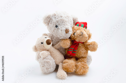 Doll cute brown soft fluffy for child. Love, families, valentine concept. Family teddy bears isolated on the white background with copy space. © Chaiwat