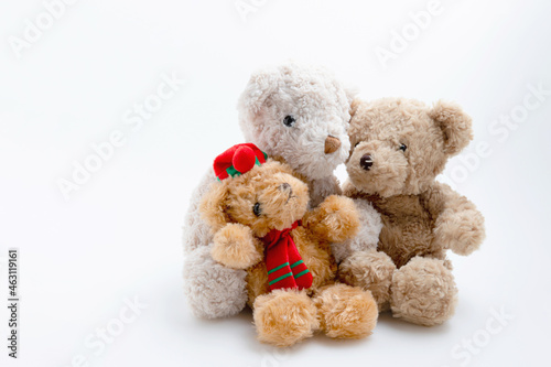 Family teddy bears on the white background with copy space. Doll brown fluffy for baby play. Love, families, valentine concept.